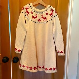 Hanna Andersson Girls Cream Sweater Dress with Red Reindeer Pattern